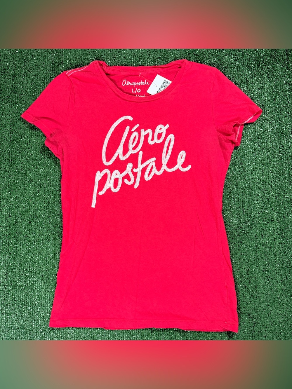 Y2K Womens Aeropostale Sequin Logo T-Shirt Red Large